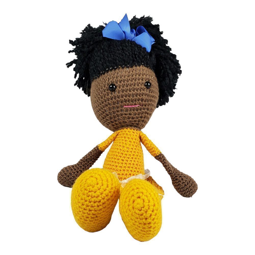 Black African American Handmade Crochet Doll Yellow Dress Bow Long Floppy 26"